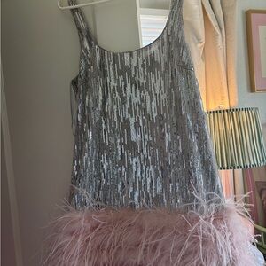 Aqua Silver Sequin Dress with Pink Feather Trim